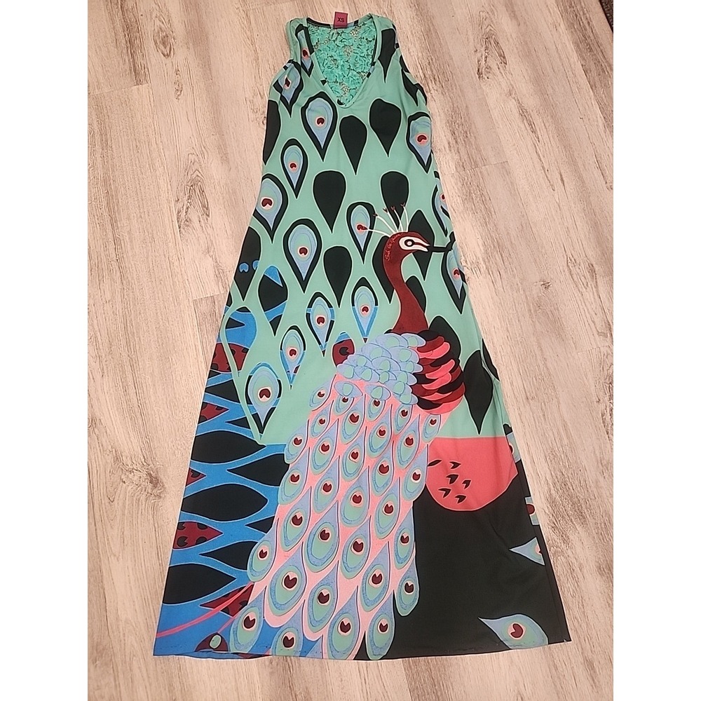 Save The Queen Womens Maxi Dress Multicolor‎ Peacock Sleeveless Boho Lace Sz. XS